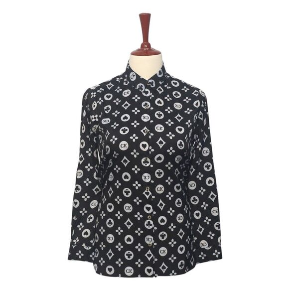 Womens Silky Satin Shirt Black Gray Geometric Blouse Button Up Dressy Top Medium - Picture 1 of 7